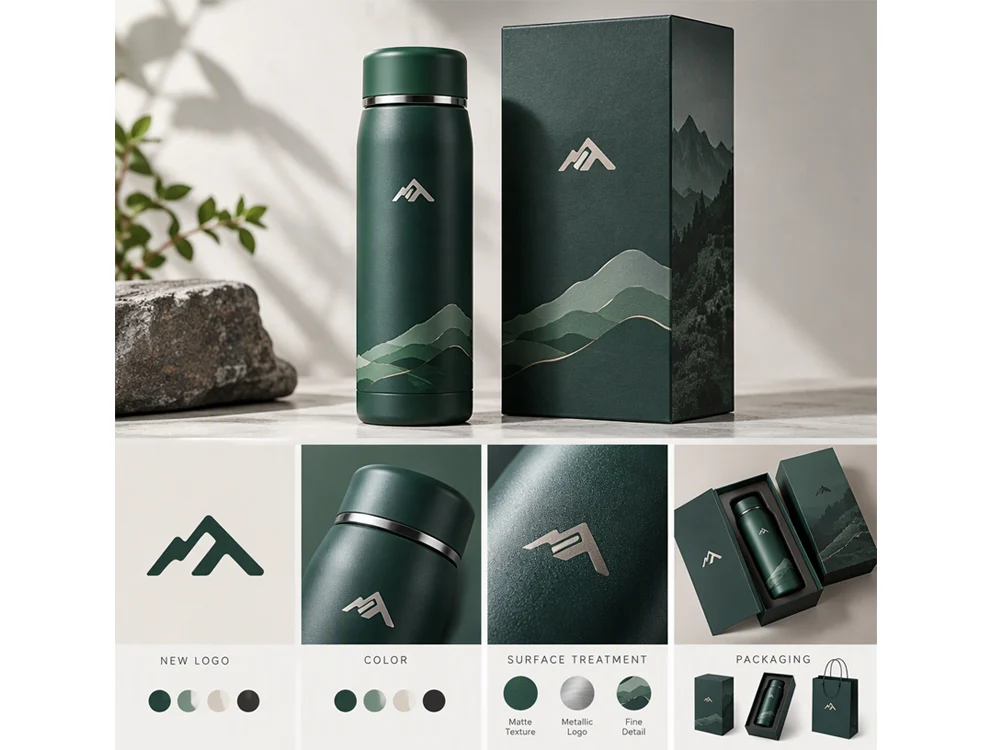Existing drinkware body customized with a new logo, color, surface and packaging