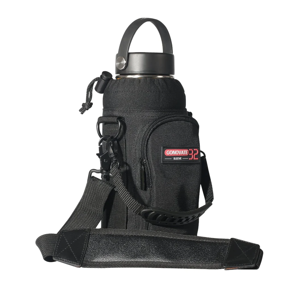 Black 32oz bottle sleeve pouch with a carry handle, outer pocket and shoulder strap, GL-PS32