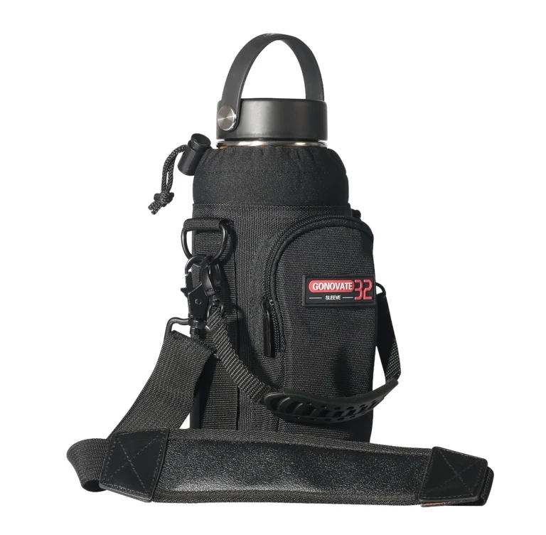 Black 32oz bottle sleeve pouch with a carry handle, outer pocket and shoulder strap, GL-PS32