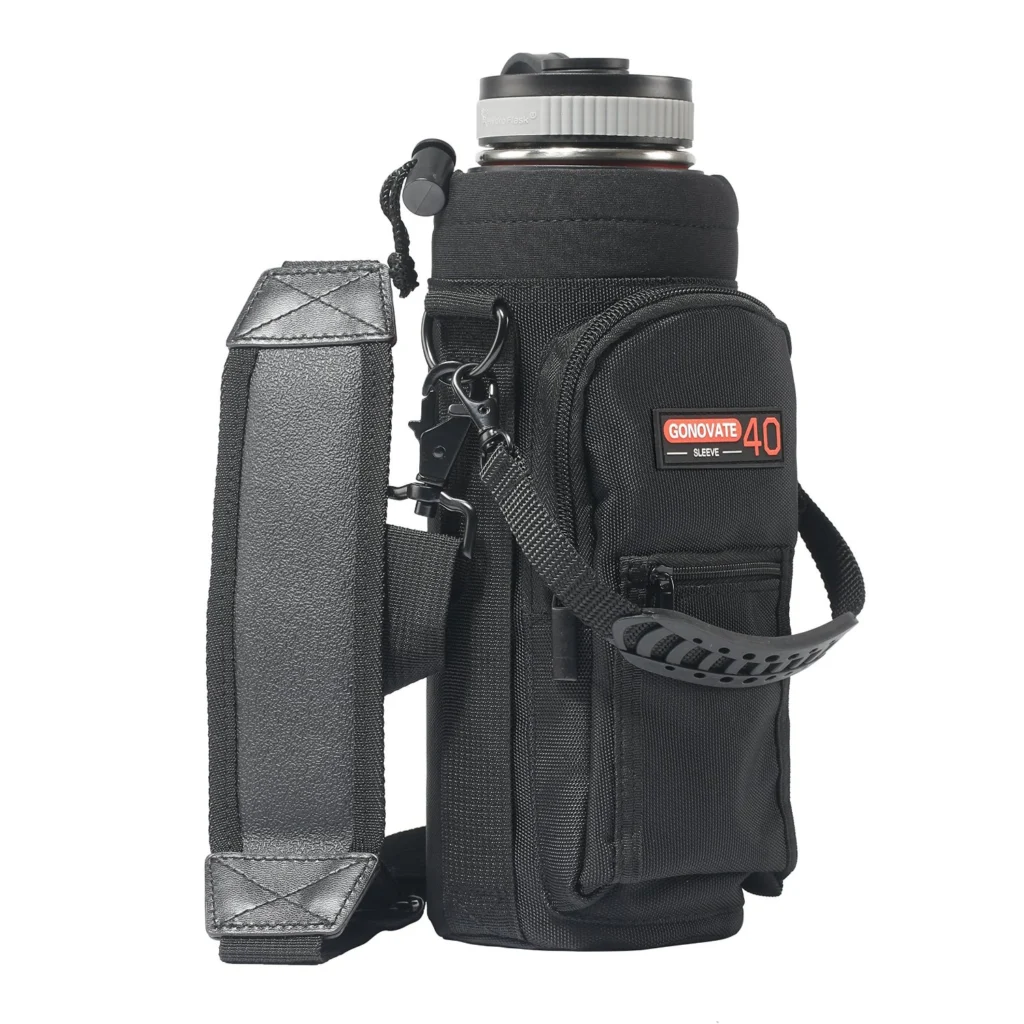 Black 40oz bottle sleeve pouch with a carry handle, outer pocket and shoulder strap, GL-PS40