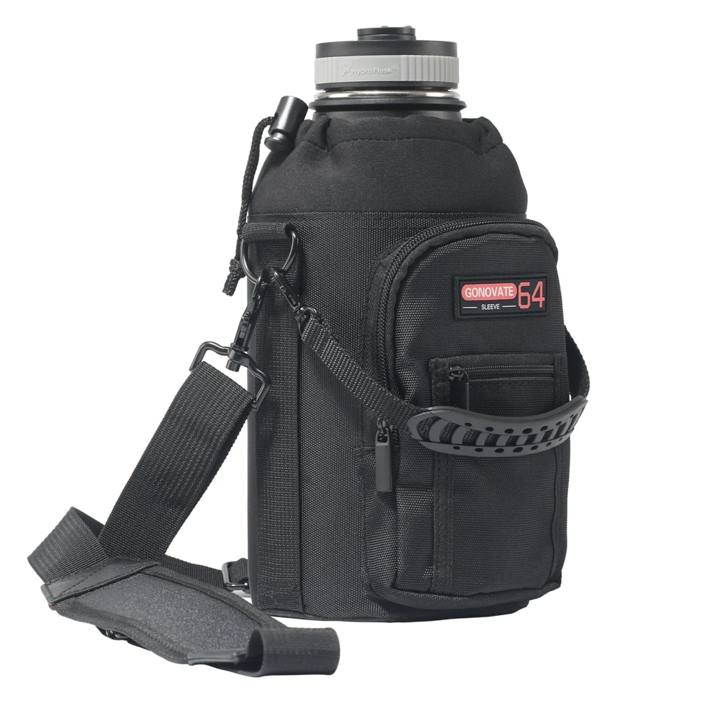 Black 64oz bottle sleeve pouch with a carry handle, outer pocket and shoulder strap, GL-PS64