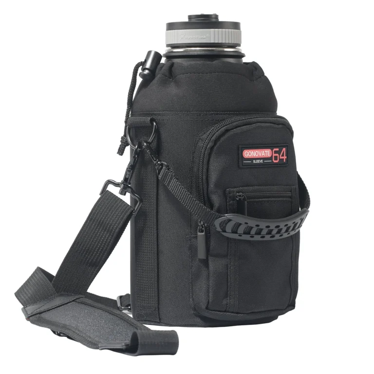 Black 64oz bottle sleeve pouch with a carry handle, outer pocket and shoulder strap, GL-PS64