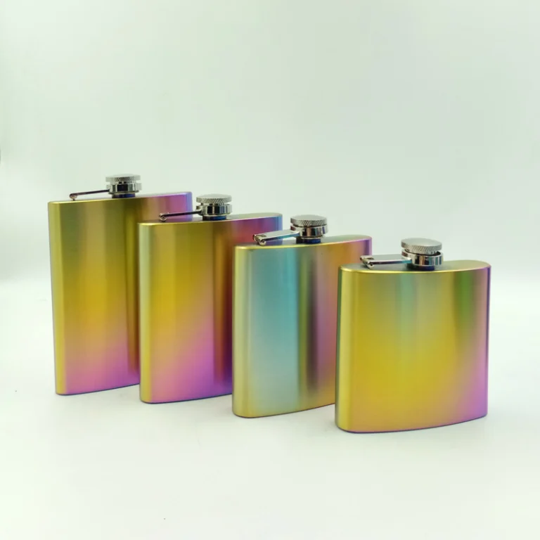 Rainbow plated hip flasks in four sizes, gold shifting to pink and teal, GL-FEA series