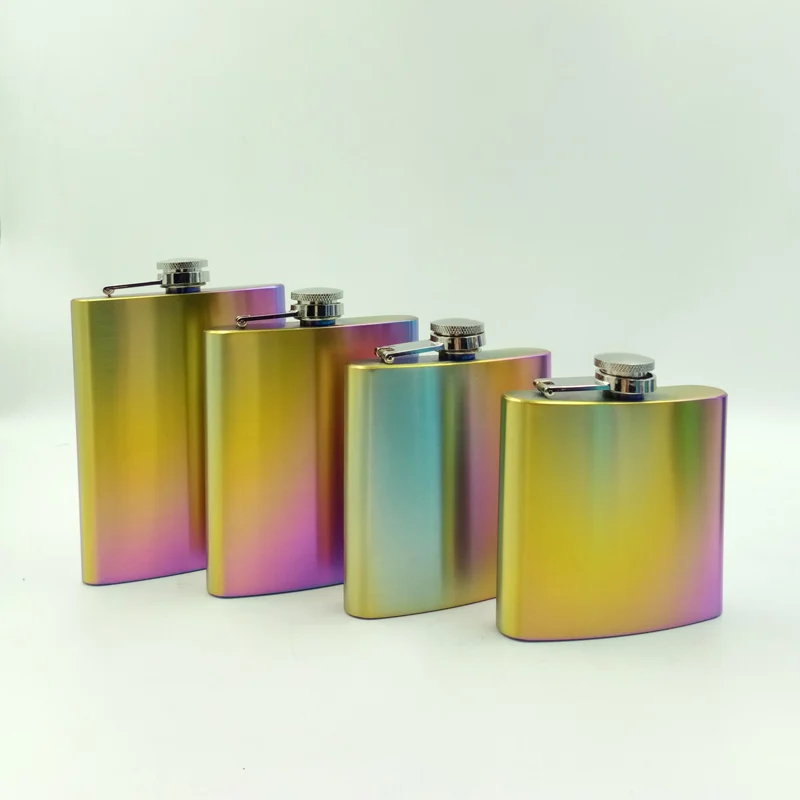 Rainbow plated hip flasks in four sizes, gold shifting to pink and teal, GL-FEA series