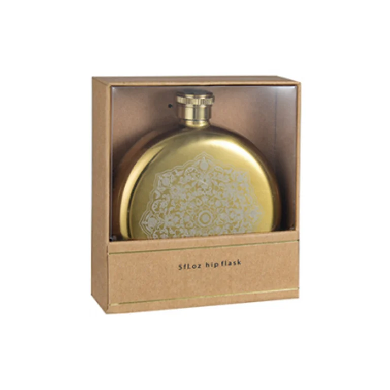 Five-ounce round hip flask sprayed gold with a laser-marked logo, boxed in a rigid kraft gift box with a clear PVC lid, GL-FGD series