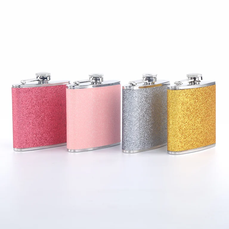 Classic hip flask wrapped in shimmer leather with the logo laser cut through the wrap, GL-FLA series