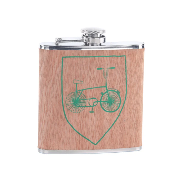 Classic hip flask wrapped in real wood veneer with a one-colour silk-printed logo, GL-FLB series