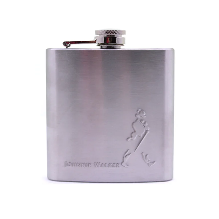 Embossed silver hip flask in bare brushed stainless steel, GL-FMA series