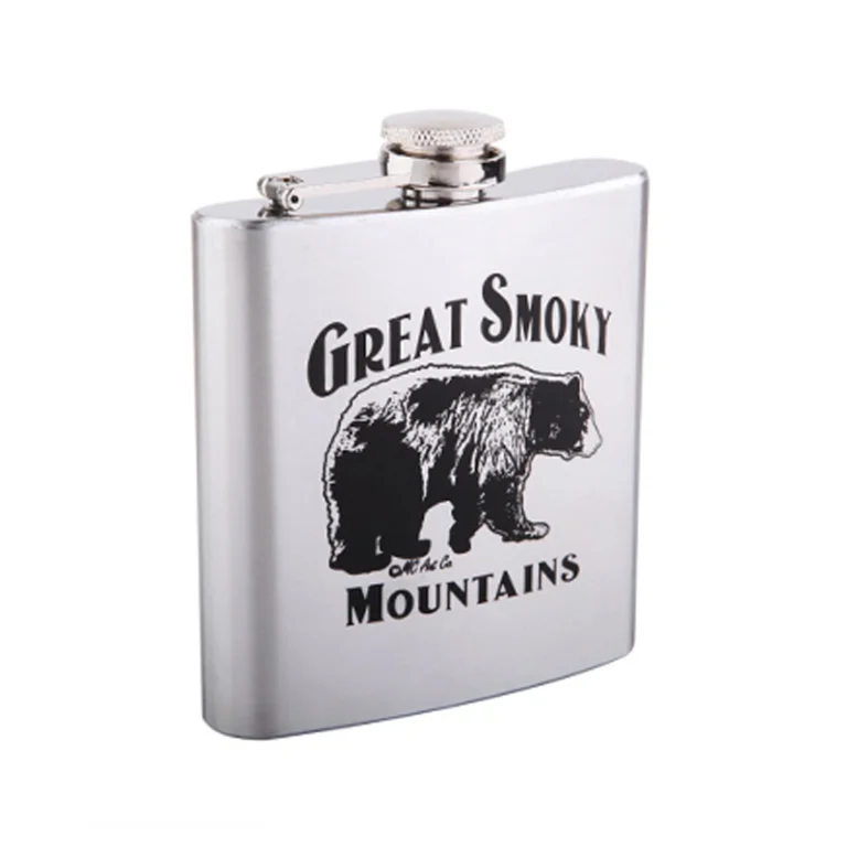 Silk-printed silver hip flask with black artwork on brushed stainless steel, GL-FMB series
