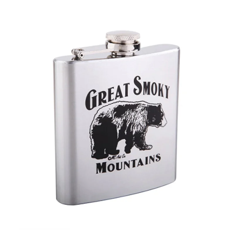 Silk-printed silver hip flask with black artwork on brushed stainless steel, GL-FMB series