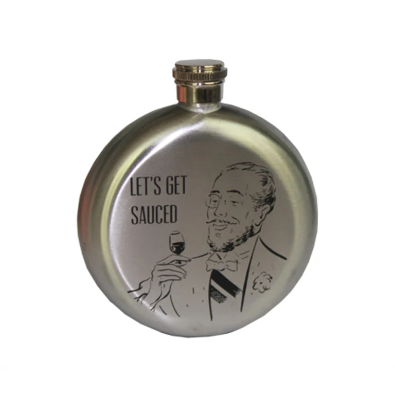 Five-ounce round hip flask in bare brushed stainless steel with a one-colour silk-printed logo on the flat face, GL-FNA series