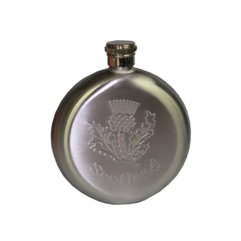 Five-ounce round hip flask in brushed stainless steel with the logo embossed into the flat face, GL-FNB series