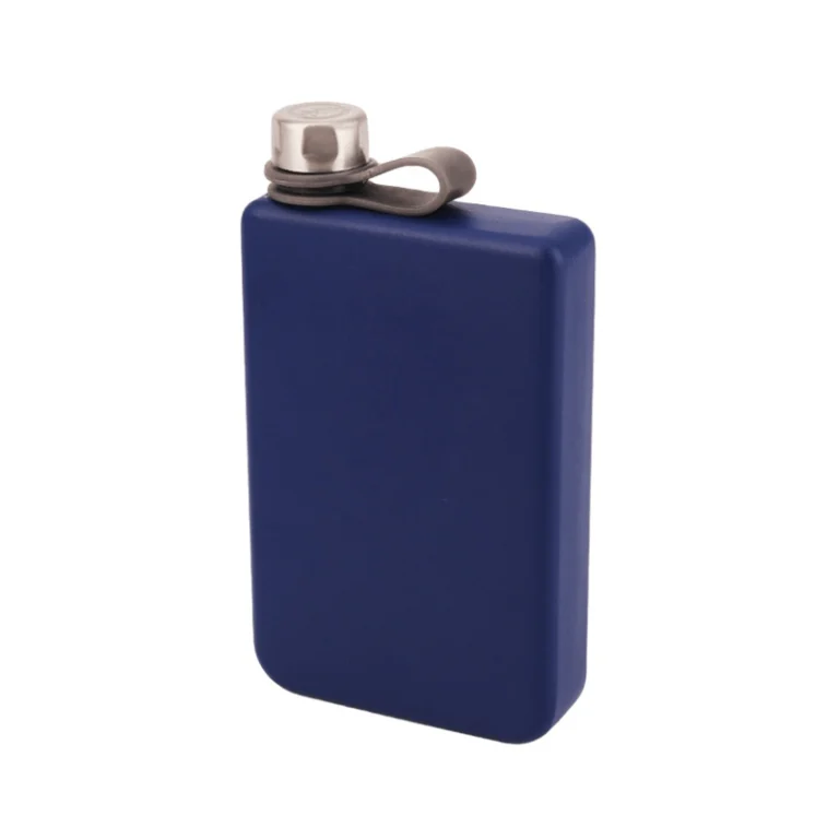 Square stainless steel hip flask with rounded edges and a silicone carry loop on the cap, spray painted, GL-FNC series