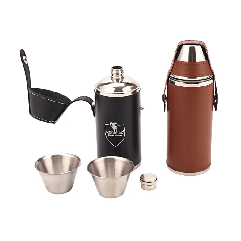 Cylindrical leather-wrapped hip flask with two 30ml cups carried over the cap, GL-FND series