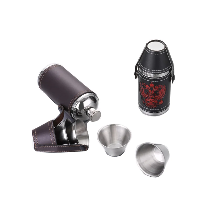 Cylindrical Leather Wrapped Hip Flask with Two Cups (GL-FND Series)