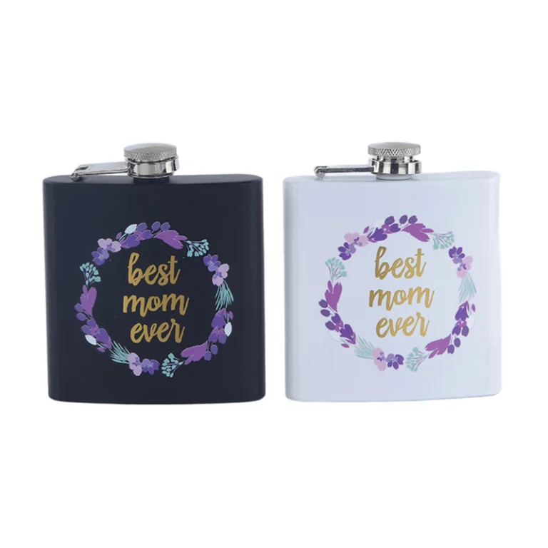 Two painted hip flasks with the same water transfer floral artwork, one on a navy body and one on a white body, GL-FPB series