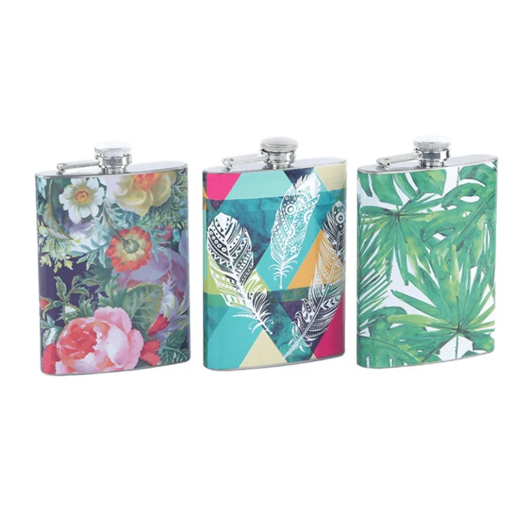 Water transfer printed hip flask with full-colour artwork on stainless steel, GL-FTA series