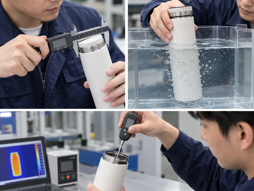 Quality inspector checking a customized drinkware order