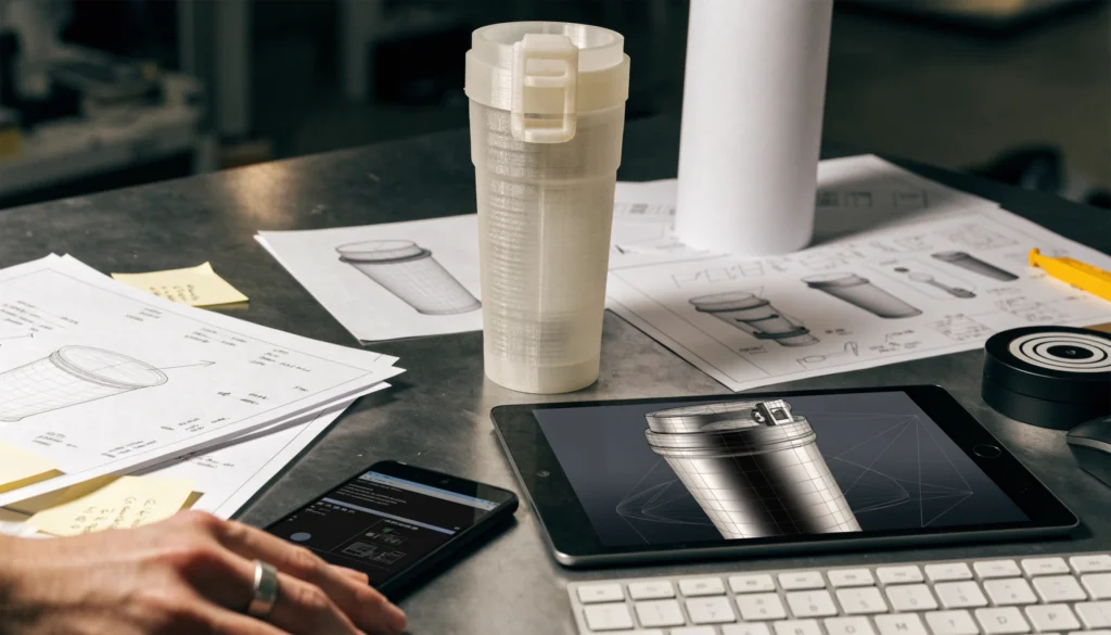 Customer drawing and 3D file of a drinkware body on a development desk