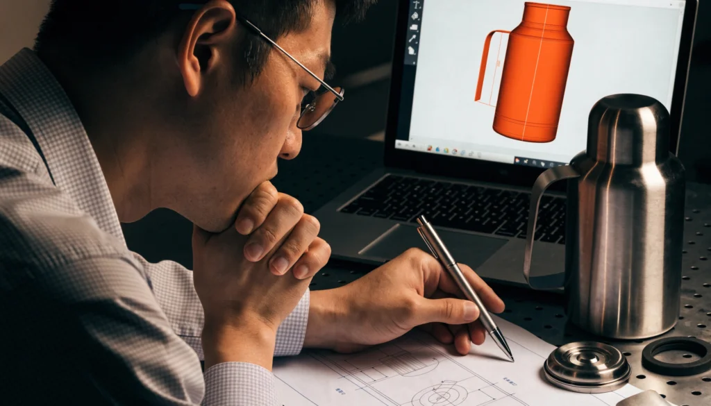 Engineer checking the structure, material and tolerance of a drinkware design