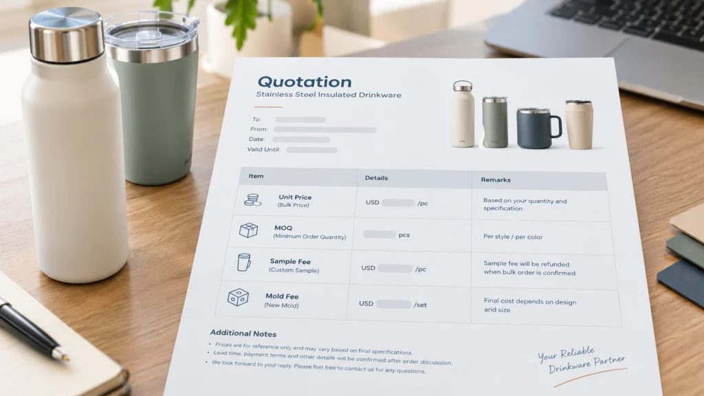 Quotation showing bulk price, MOQ, sample fee and mold fee lines