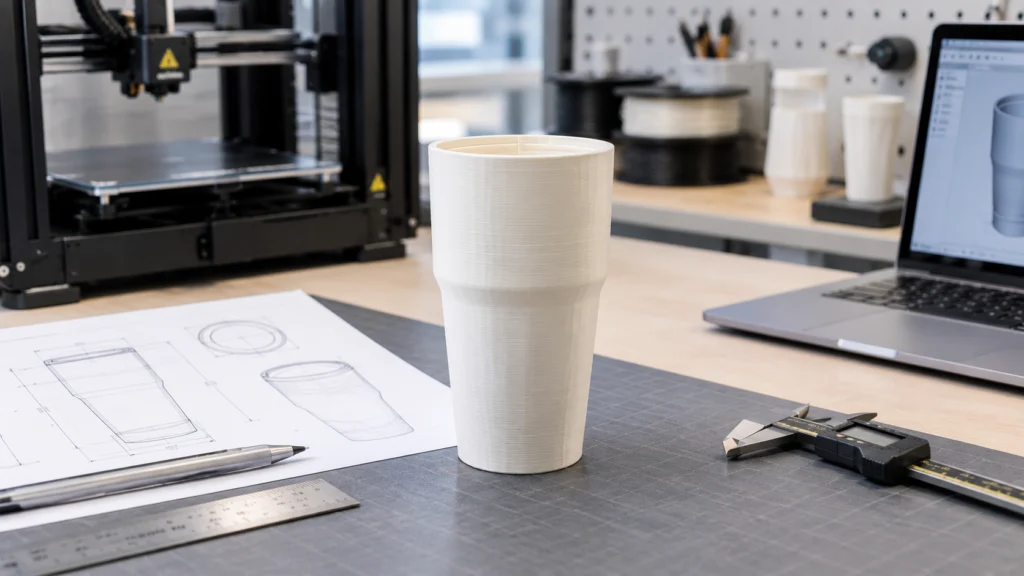 3D printed sample of a new drinkware body on the development bench