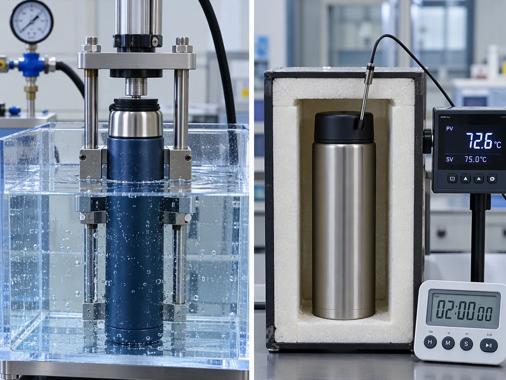 Leak or insulation test in progress on a drinkware product