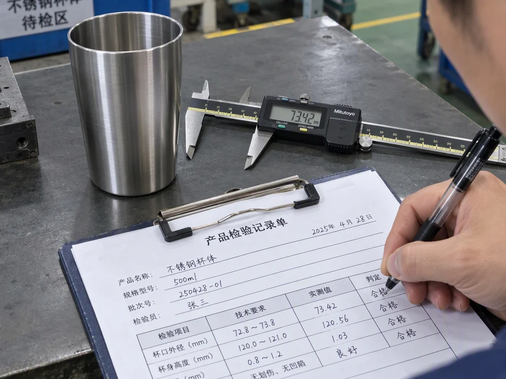 Filled-in inspection record for a drinkware order