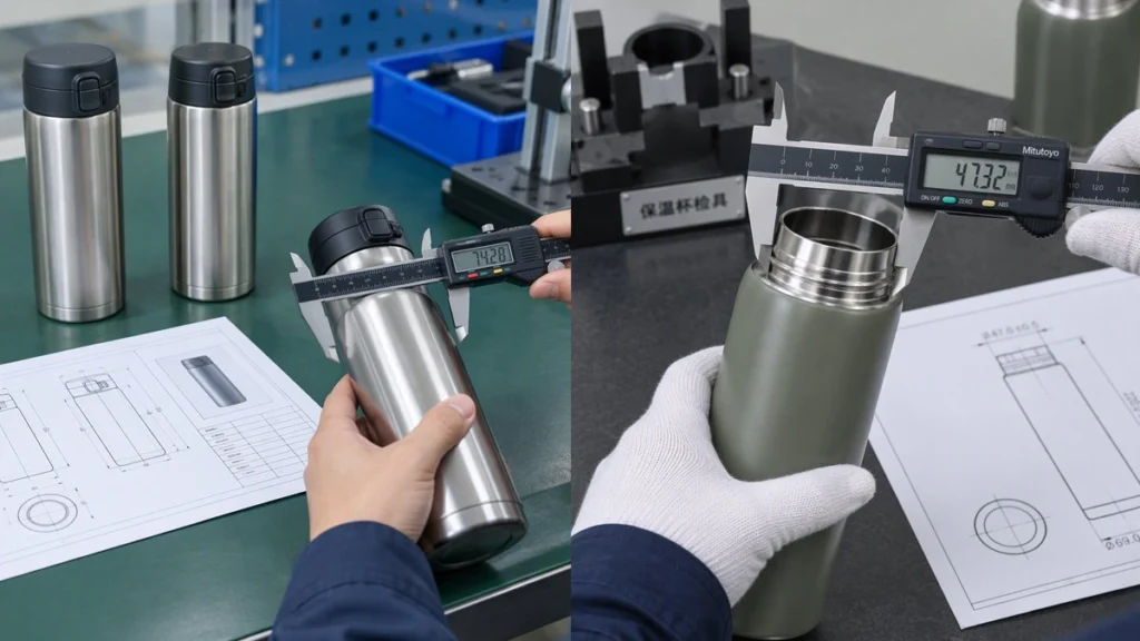 Quality inspector measuring a drinkware component